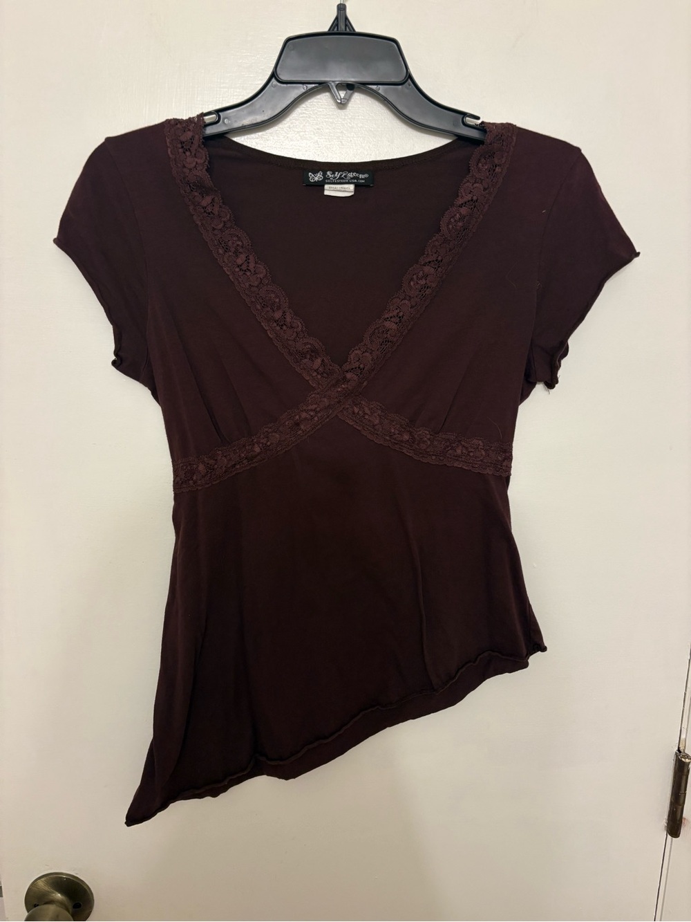 VTG Y2K Self Esteem Brown Lace Trim Asymmetrical Top Large Fairycore Coquette